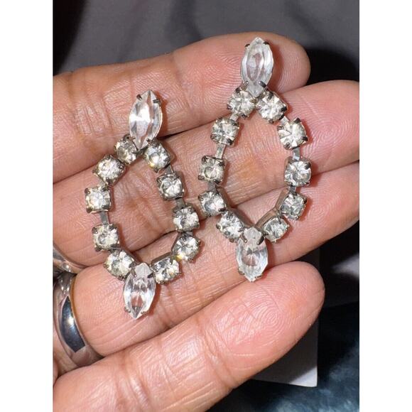 EARRINGS VTG 1950-1960s Era Sliver Dangle Setting Square & Almond Shapes Stones - Picture 3 of 11